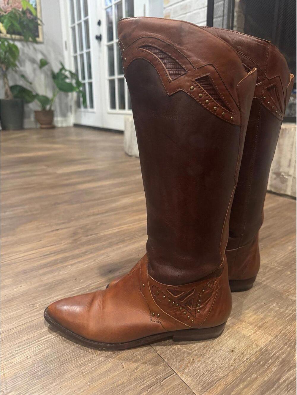 Circle S Vintage Leather Studded Cowboy Ambar Multi Boots Sz 7.5-8